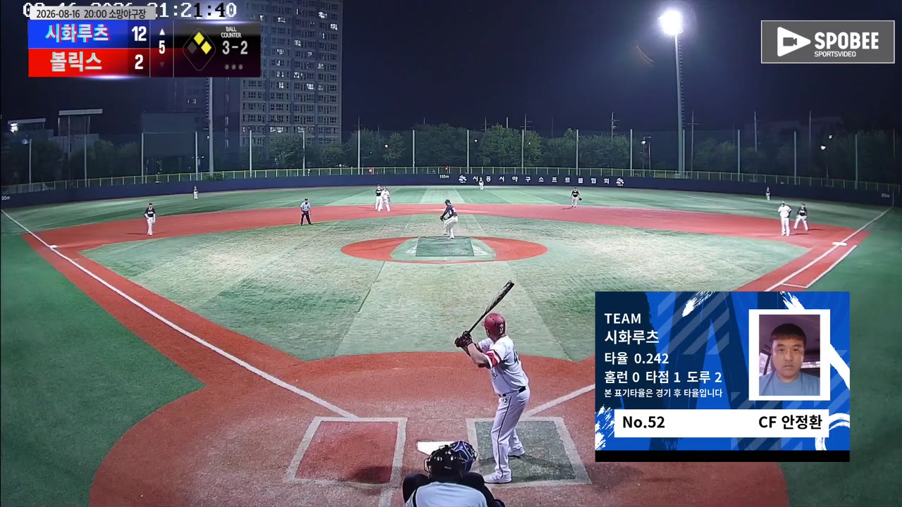 안정환(52번, 시화루츠) 2루타 클립 | vs 볼릭스 | 8/16 (소망야구장)