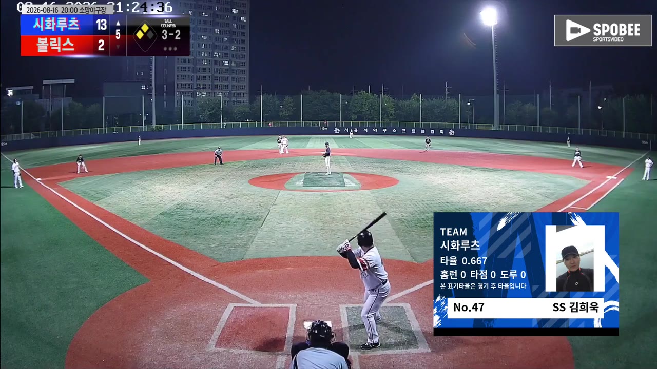 김희욱(47번, 시화루츠) 2루타 클립 | vs 볼릭스 | 8/16 (소망야구장)