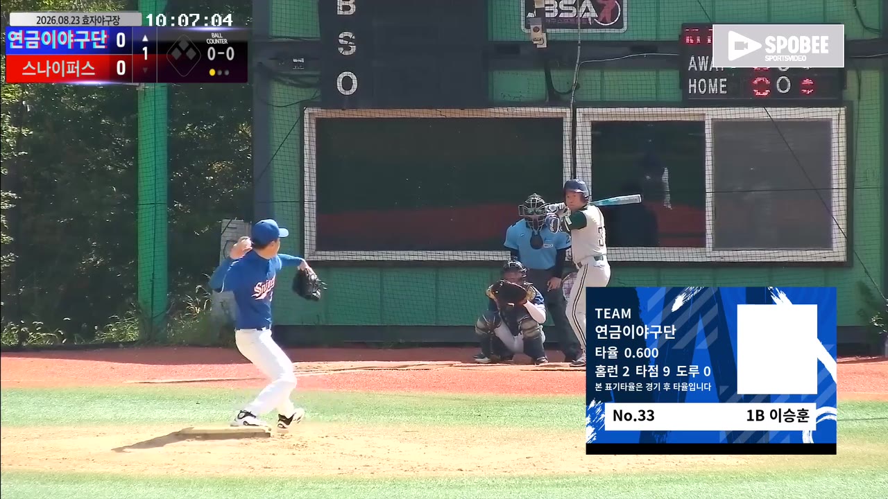 이승훈(33번, 연금이야구단) 볼넷 클립 | vs 스나이퍼스 | 8/23 (효자야구장)