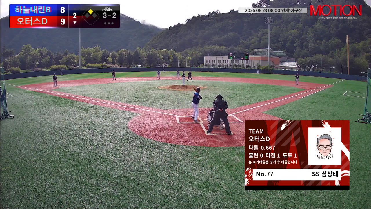 심상태(77번, 오터스D) 2루타 클립 | vs 하늘내린B | 8/23 (인제1야구장)