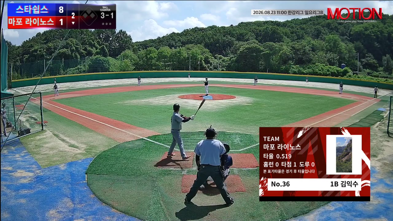 김익수(36번, 마포 라이노스) 볼넷 클립 | vs 스타쉽스 | 8/23 (고촌 야구장)