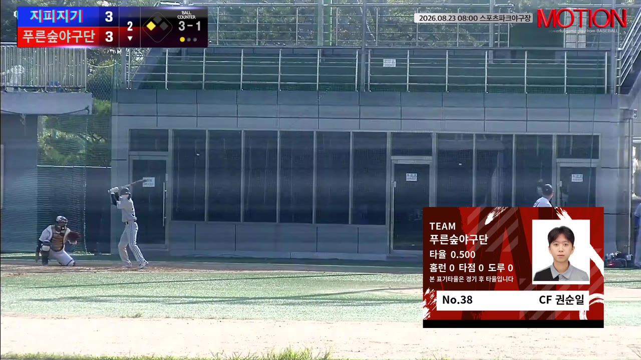 권순일(38번, 푸른숲야구단) 볼넷 클립 | vs 지피지기 | 8/23 (스포츠파크야구장)
