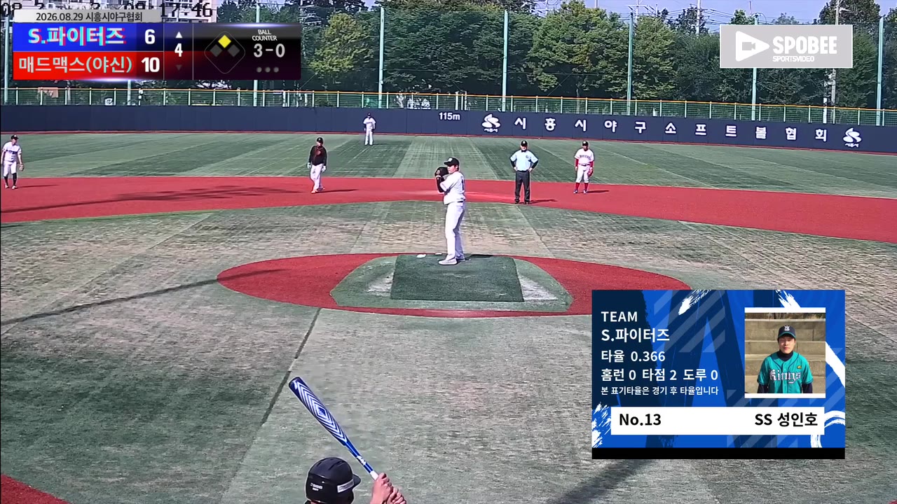성인호(13번, S.파이터즈) 볼넷 클립 | vs 매드맥스(야신) | 8/29 (소망야구장)
