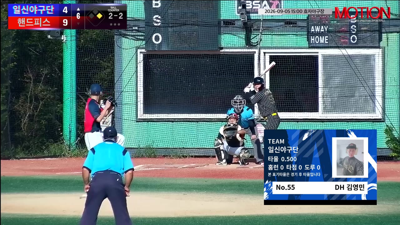 김영민(55번, 일신야구단) 1루타 클립 | vs 핸드피스 | 9/5 (효자야구장)