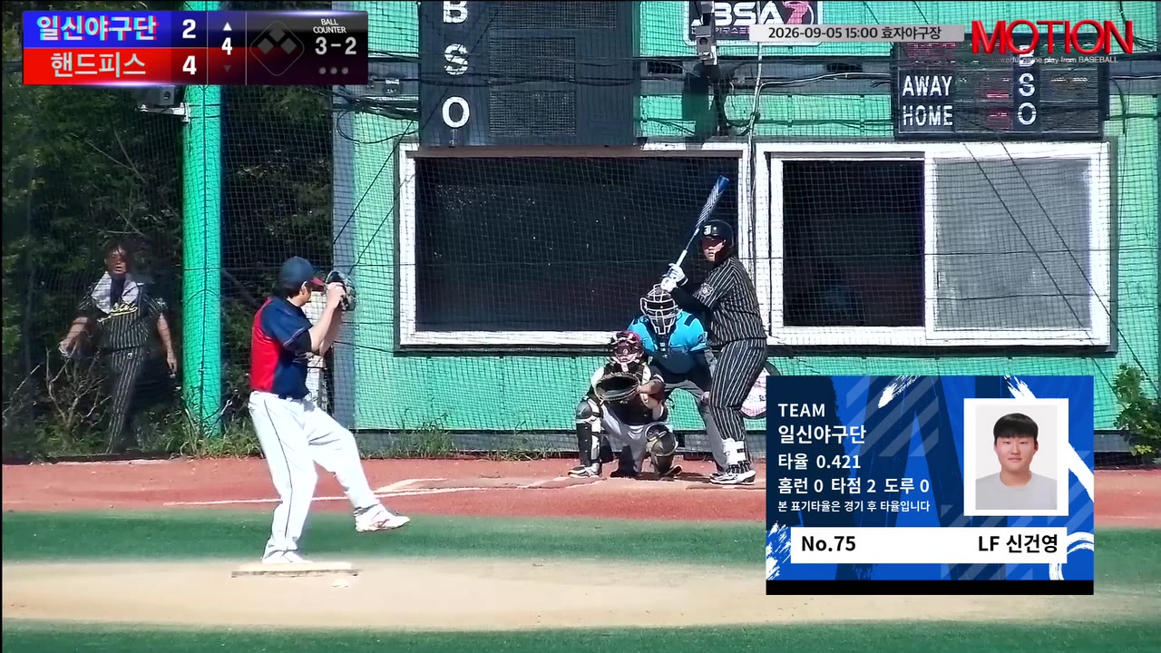 신건영(75번, 일신야구단) 2루타 클립 | vs 핸드피스 | 9/5 (효자야구장)