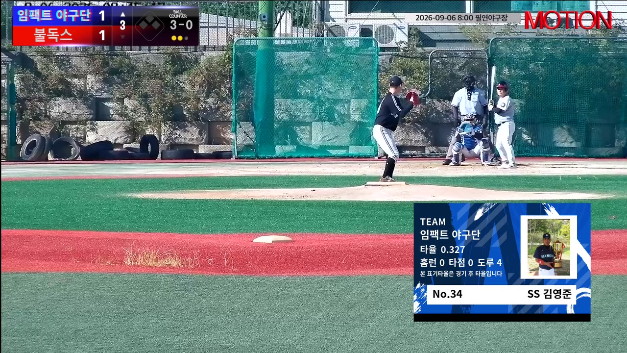 김영준(34번, 임팩트 야구단) 볼넷 클립 | vs 불독스 | 9/6 (필연야구장)