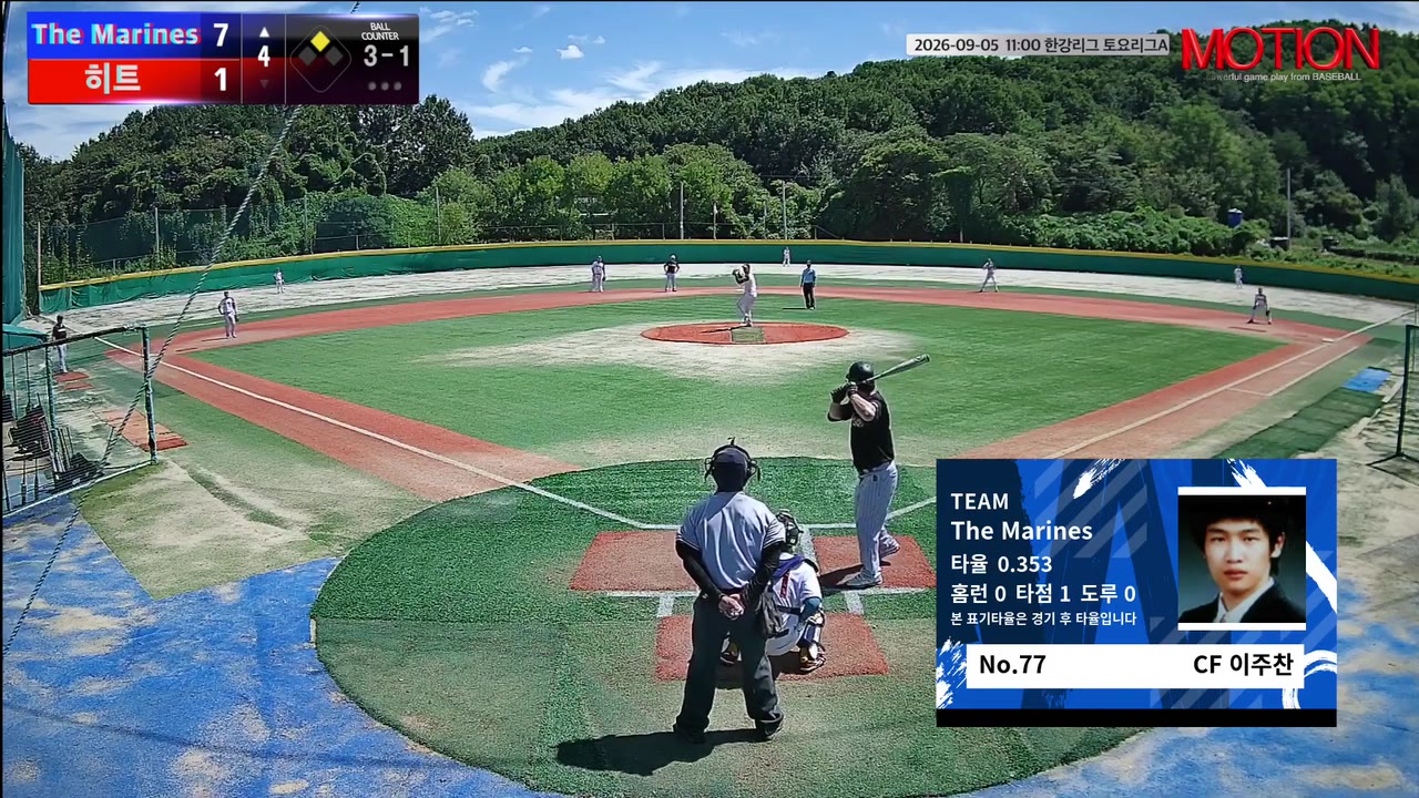 이주찬(77번, The Marines) 사구 클립 | vs 히트 | 9/5 (고촌 야구장)