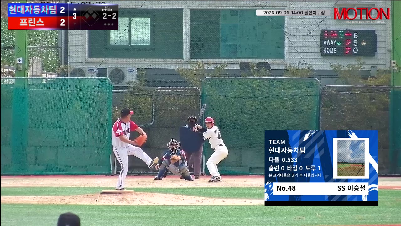 이승철(48번, 현대자동차팀) 1루타 클립 | vs 프린스 | 9/6 (필연야구장)