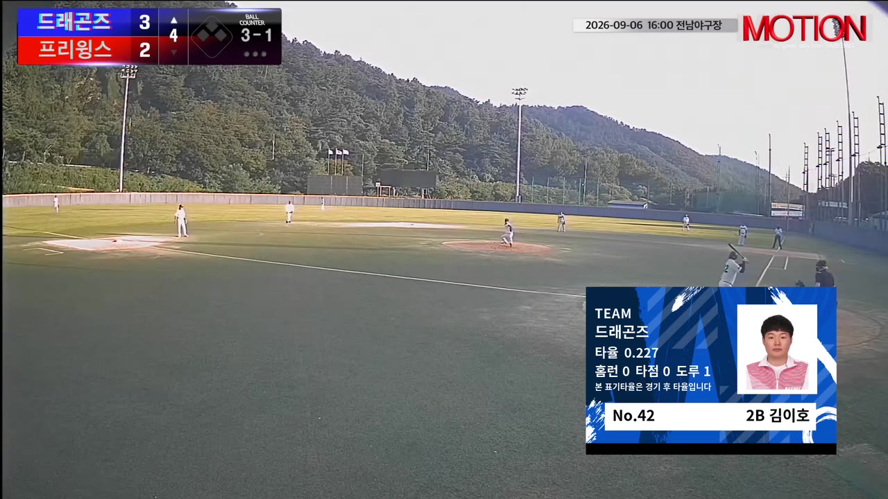 김이호(42번, 드래곤즈) 1루타 클립 | vs 프리윙스 | 9/6 (전남야구장)