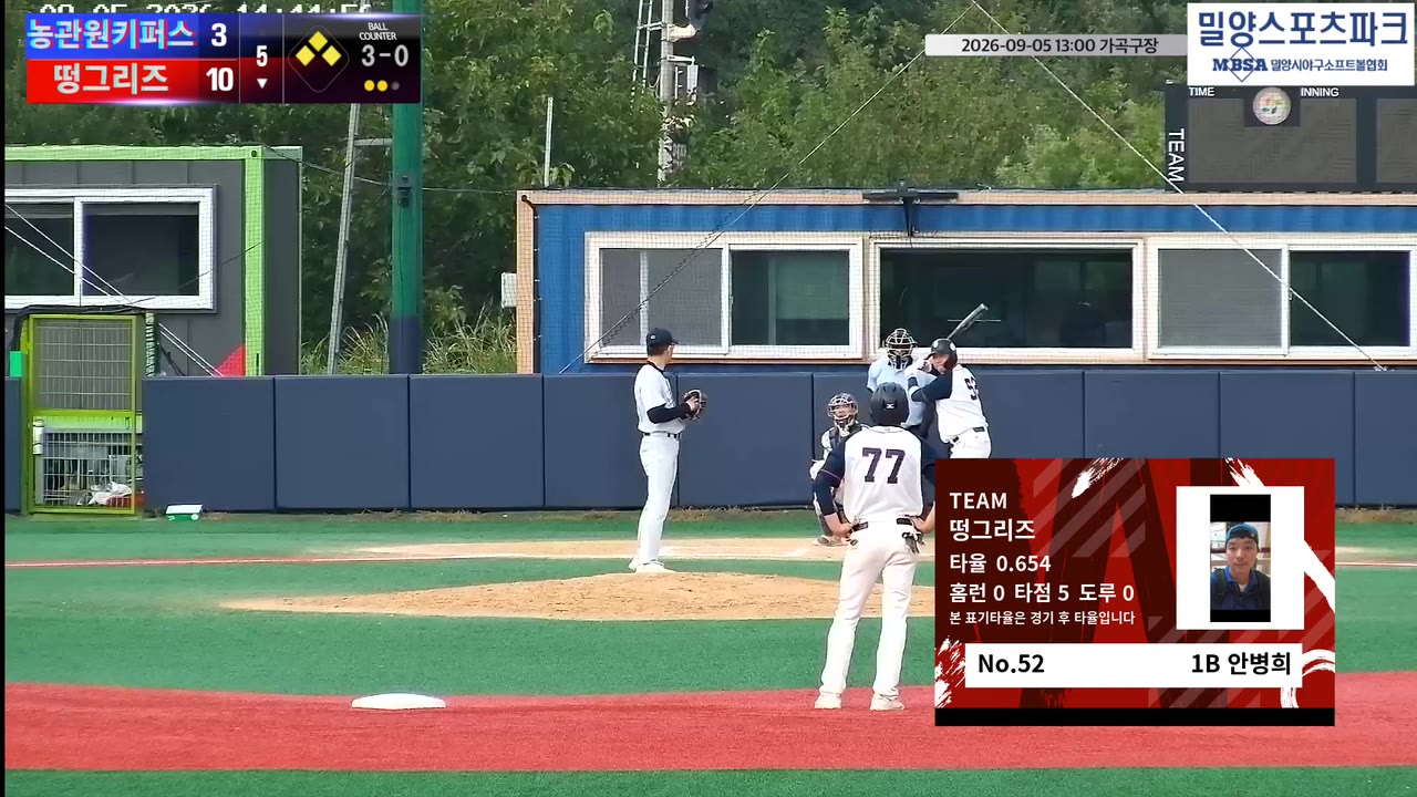 안병희(52번, 떵그리즈) 1루타 클립 | vs 농관원키퍼스 | 9/5 (가곡구장)