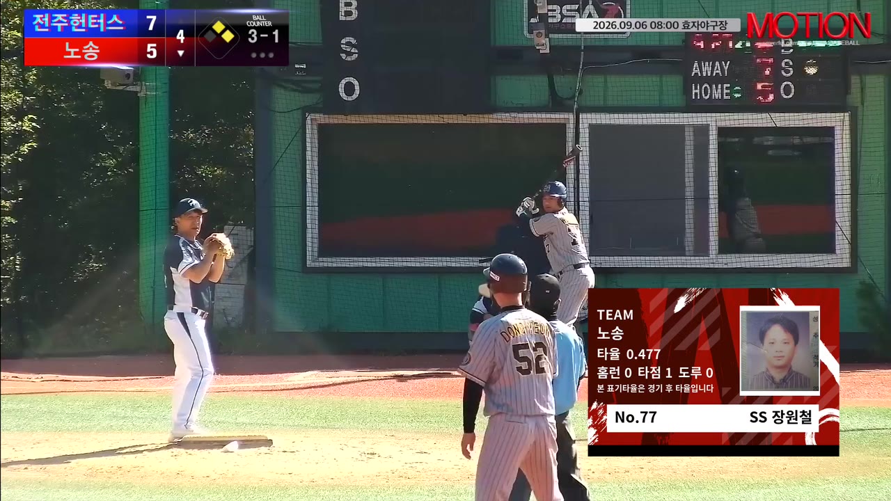 장원철(77번, 노송) 볼넷 클립 | vs 전주헌터스 | 9/6 (효자야구장)