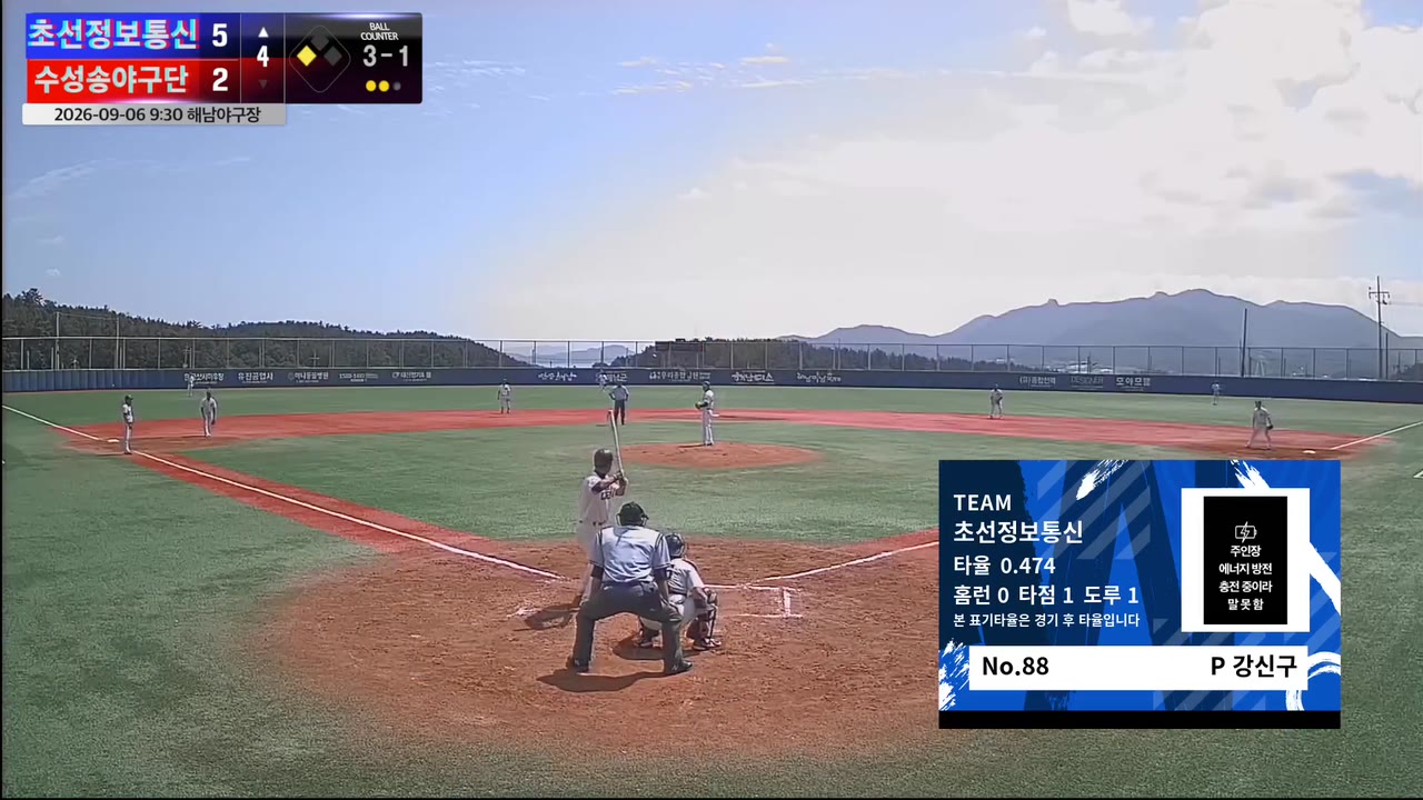 강신구(88번, 초선정보통신) 볼넷 클립 | vs 수성송야구단 | 9/6 (해남야구장)