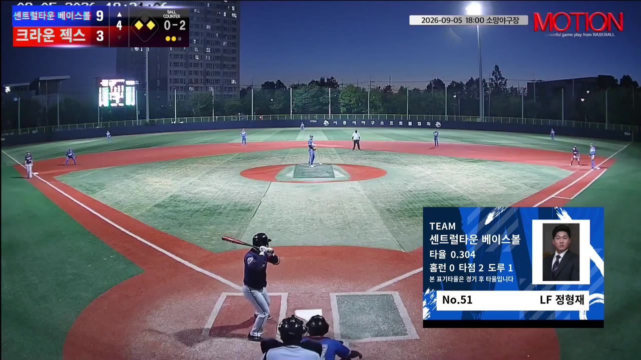 정형재(51번, 센트럴타운 베이스볼) 1루타 클립 | vs 크라운 젝스 | 9/5 (소망야구장)