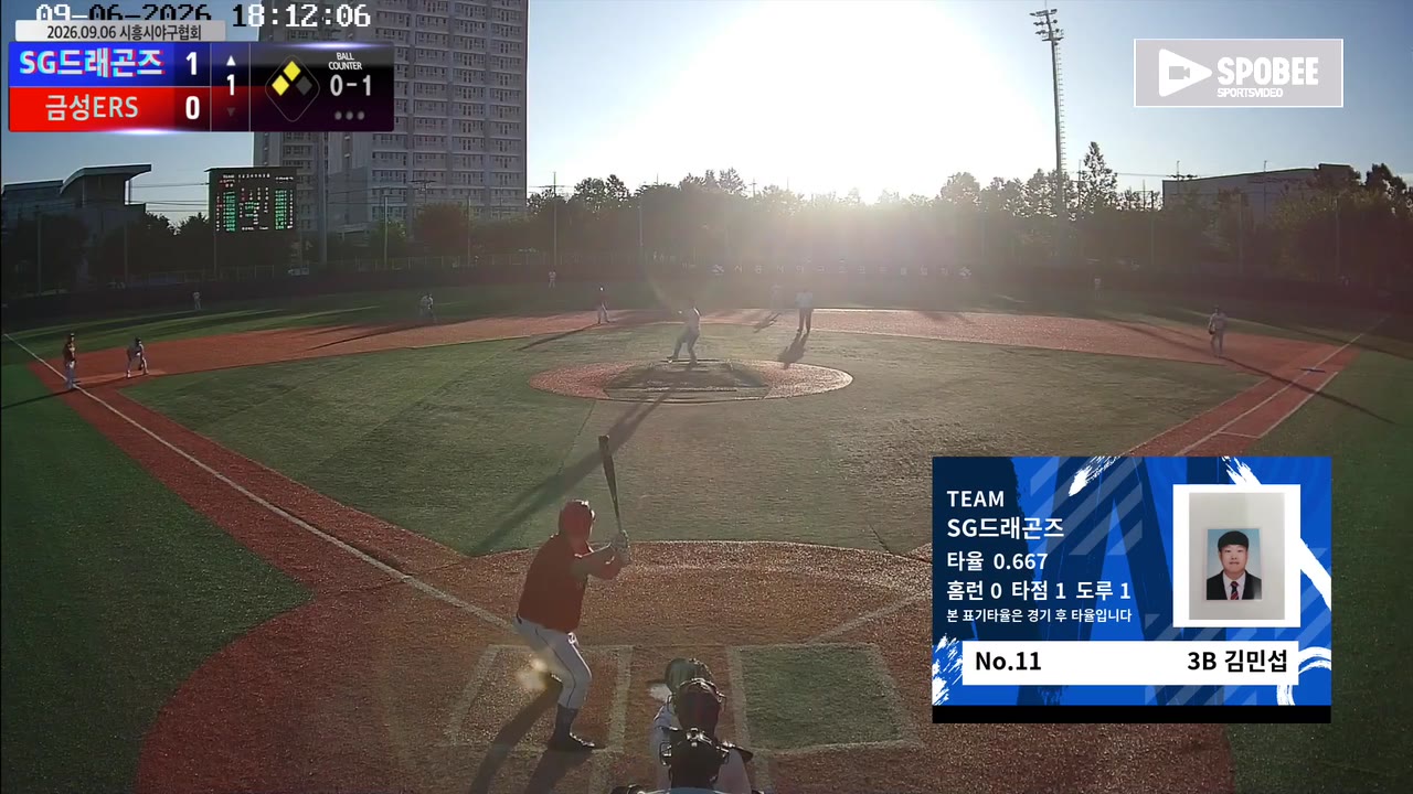 김민섭(11번, SG드래곤즈) 1루타 클립 | vs 금성ERS | 9/6 (소망야구장)