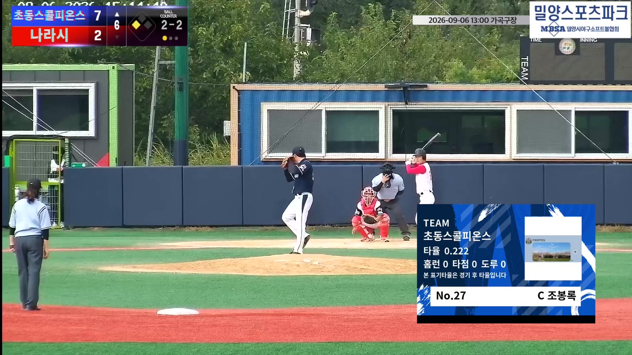 조봉록(27번, 초동스콜피온스) 1루타 클립 | vs 나라시 | 9/6 (가곡구장)
