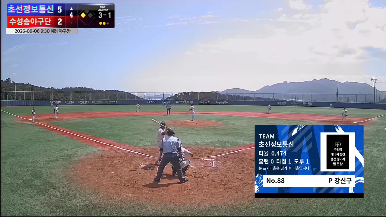 강신구(88번, 초선정보통신) 볼넷 클립 | vs 수성송야구단 | 9/6 (해남야구장)
