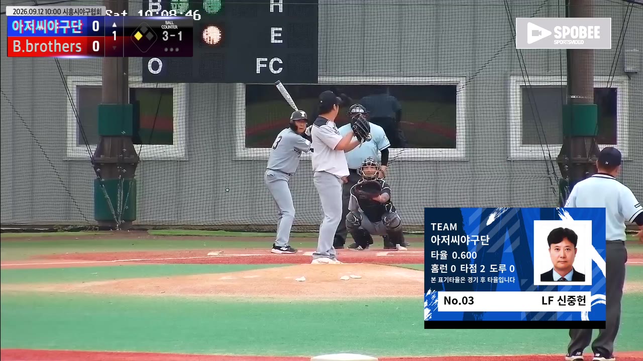 신중헌(3번, 아저씨야구단) 사구 클립 | vs B.brothers | 9/12 (에코피아야구장)
