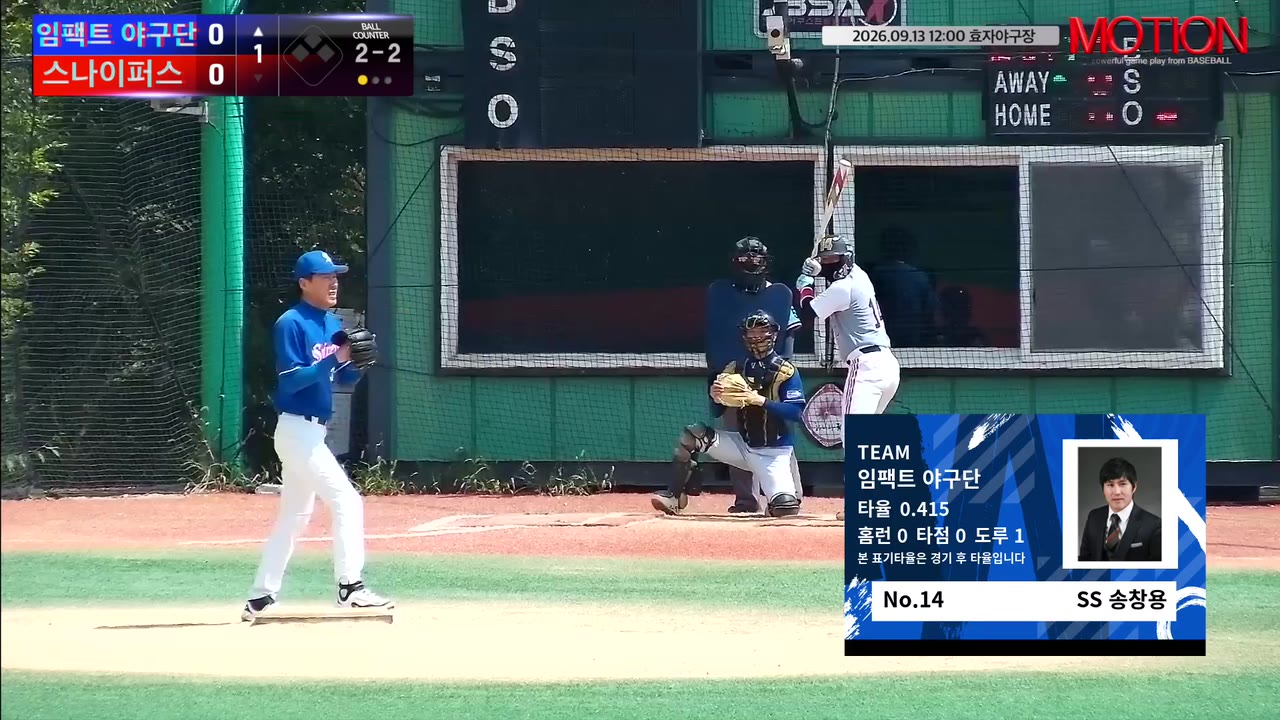 송창용(14번, 임팩트 야구단) 1루타 클립 | vs 스나이퍼스 | 9/13 (효자야구장)