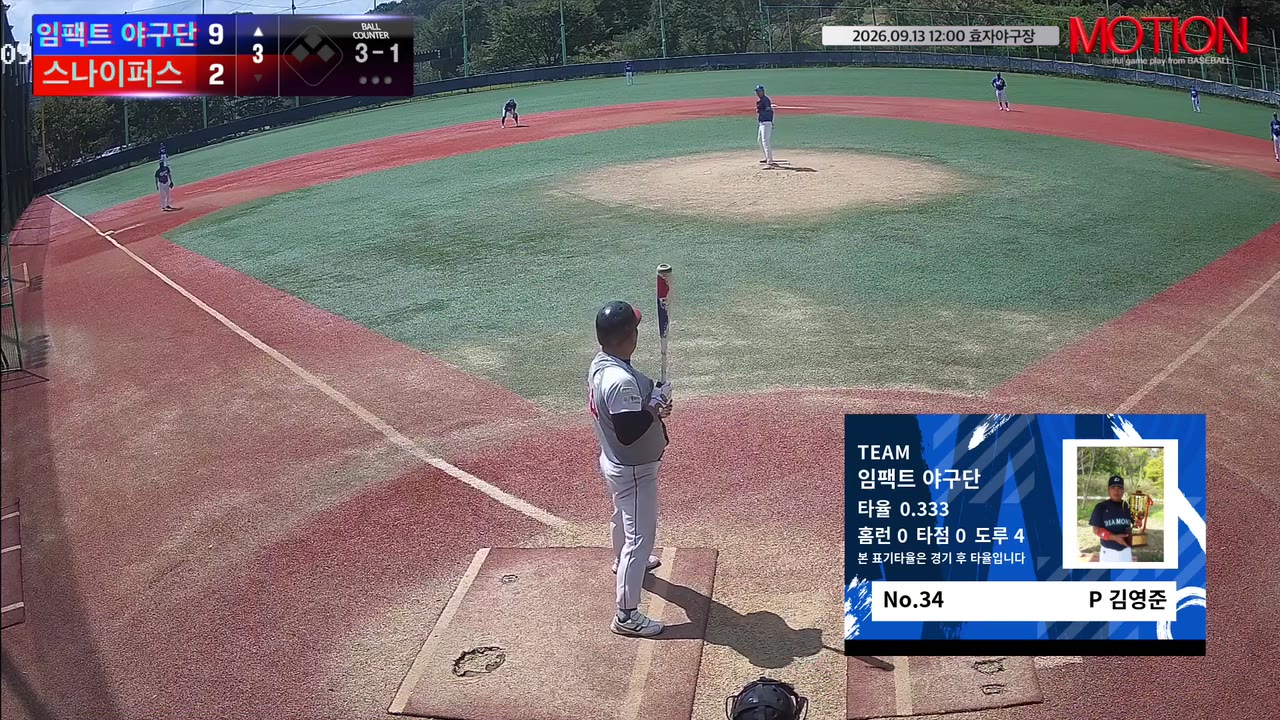 김영준(34번, 임팩트 야구단) 사구 클립 | vs 스나이퍼스 | 9/13 (효자야구장)