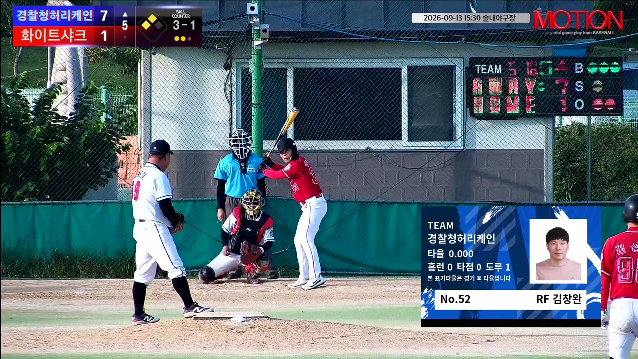 김창완(52번, 경찰청허리케인) 볼넷 클립 | vs 화이트샤크 | 9/13 (솔내야구장)