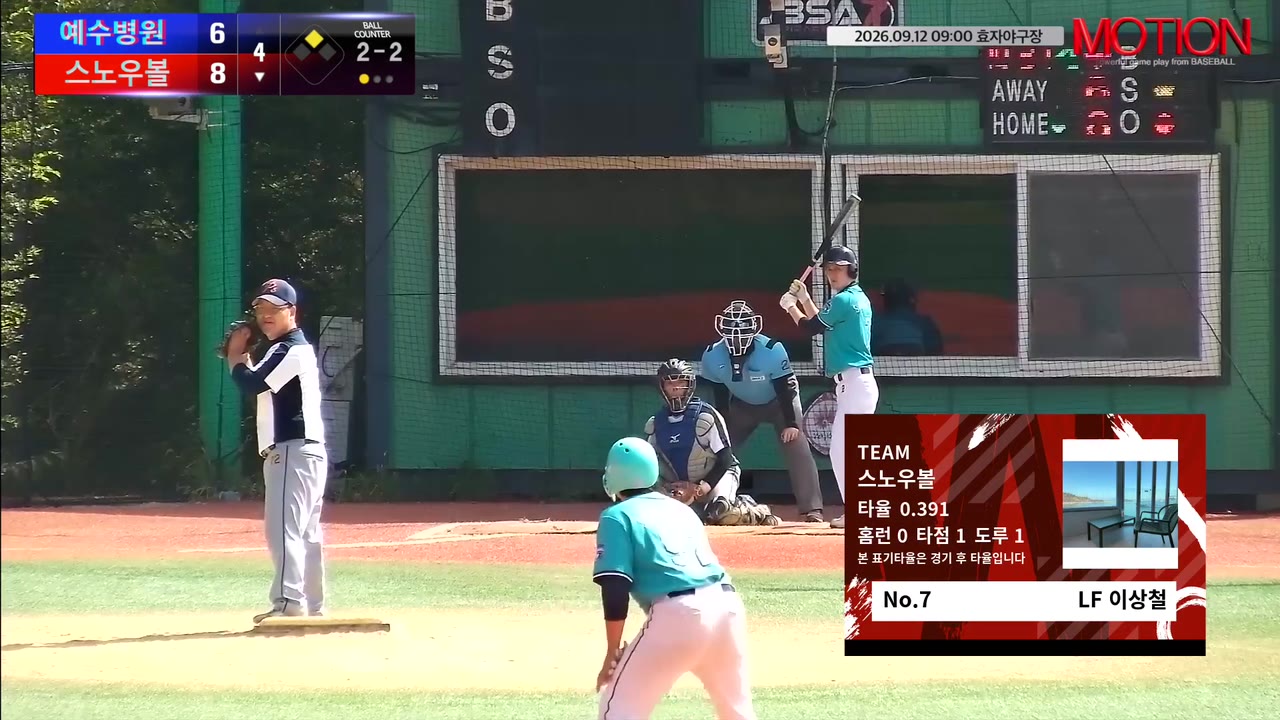 이상철(7번, 스노우볼) 1루타 클립 | vs 예수병원 | 9/12 (효자야구장)