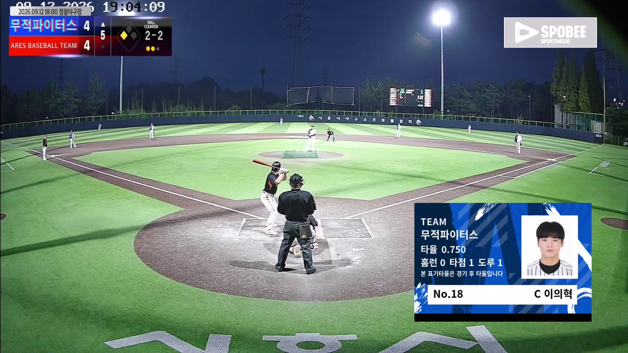 이의혁(18번, 무적파이터스) 2루타 클립 | vs ARES BASEBALL TEAM(ASURA) | 9/12 (정왕야구장)
