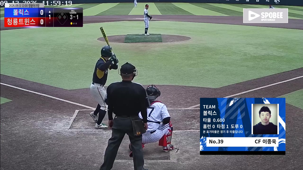 이종욱(39번, 볼릭스) 볼넷 클립 | vs 청룡트윈스 | 9/13 (정왕야구장)