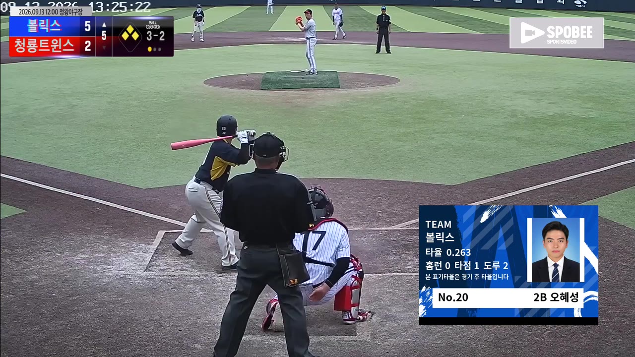 오혜성(20번, 볼릭스) 볼넷 클립 | vs 청룡트윈스 | 9/13 (정왕야구장)