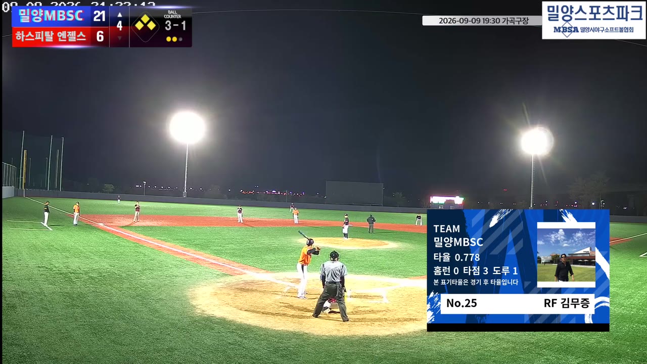김무증(25번, 밀양MBSC) 볼넷 클립 | vs 하스피탈 엔젤스 | 9/9 (가곡구장)