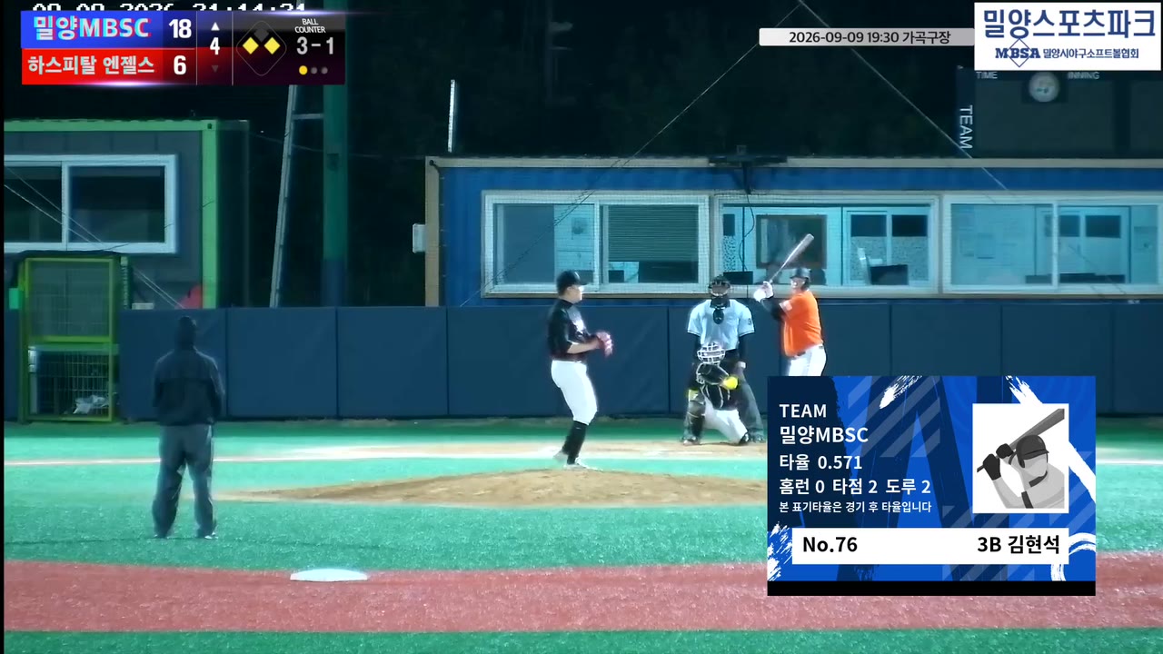 김현석(76번, 밀양MBSC) 볼넷 클립 | vs 하스피탈 엔젤스 | 9/9 (가곡구장)
