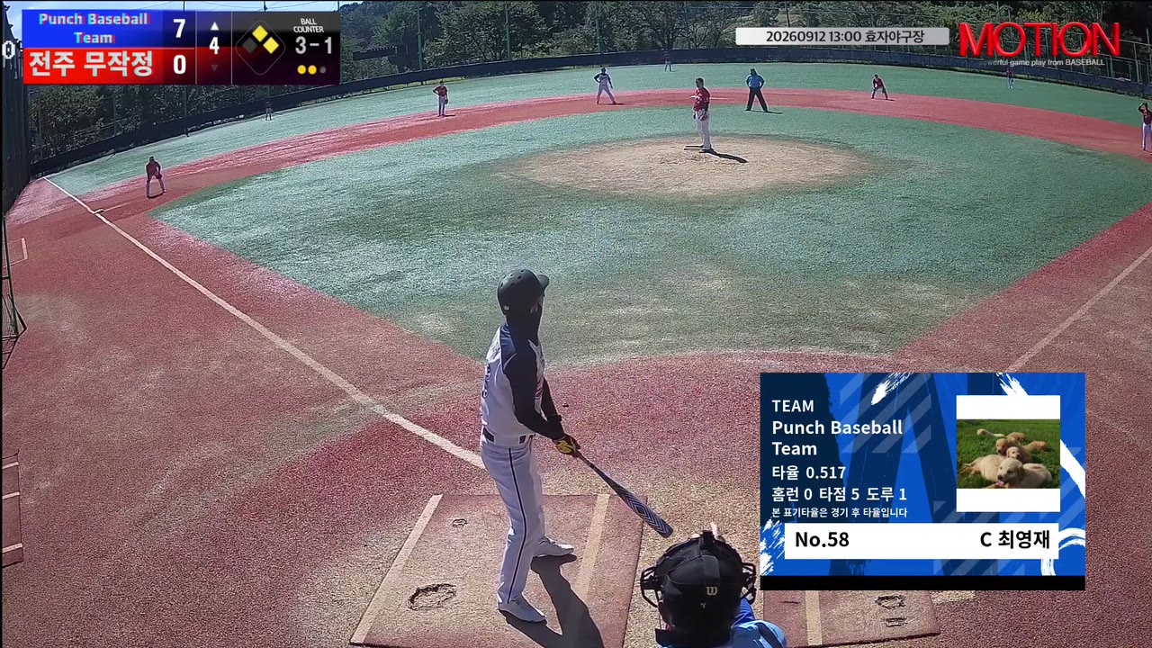 최영재(58번, Punch Baseball Team) 1루타 클립 | vs 전주 무작정 | 9/12 (효자야구장)