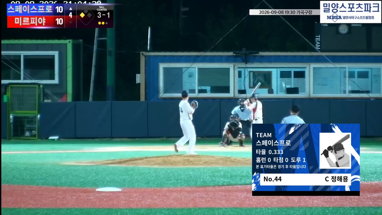 정해용(44번, 스페이스프로) 볼넷 클립 | vs 미르피야 | 9/8 (가곡구장)