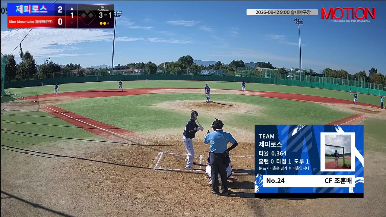 조훈배(24번, 제피로스) 볼넷 클립 | vs Blue Mountains(블루마운틴) | 9/12 (솔내야구장)