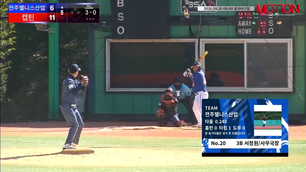 서장원/사무국장(20번, 전주웰니스산업) 볼넷 클립 | vs 캡틴 | 9/20 (효자야구장)