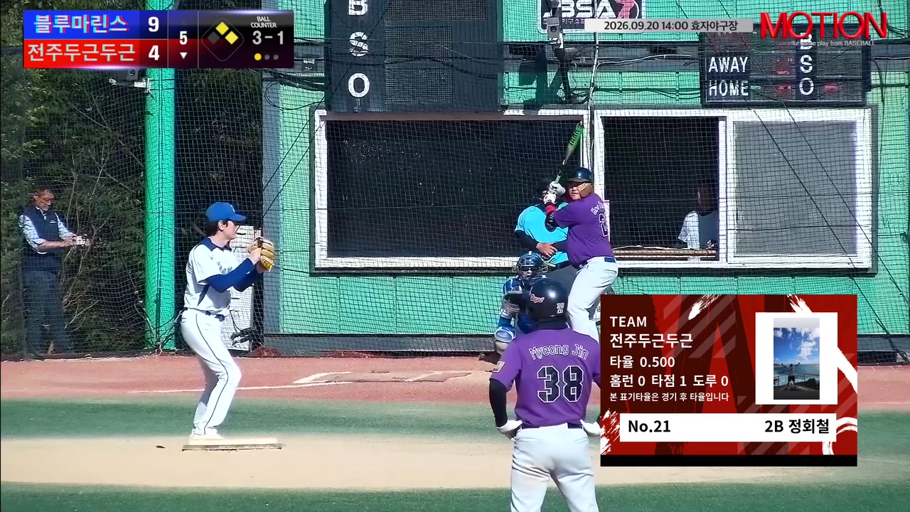 정회철(21번, 전주두근두근) 사구 클립 | vs 블루마린스 | 9/20 (효자야구장)