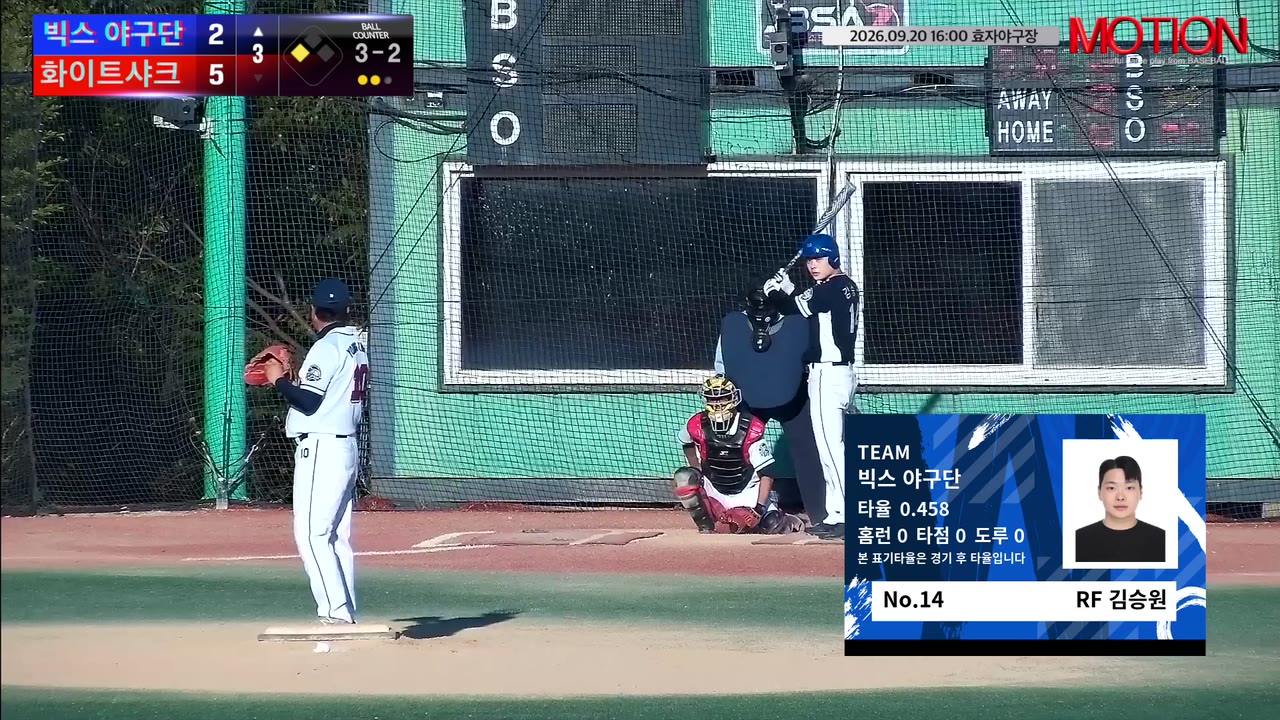 김승원(14번, 빅스 야구단) 볼넷 클립 | vs 화이트샤크 | 9/20 (효자야구장)