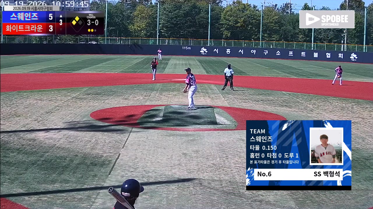 백형석(6번, 스웨인즈) 볼넷 클립 | vs 화이트크라운 | 9/19 (소망야구장)