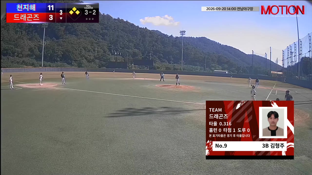 김형주(9번, 드래곤즈) 볼넷 클립 | vs 천지해 | 9/20 (전남야구장)