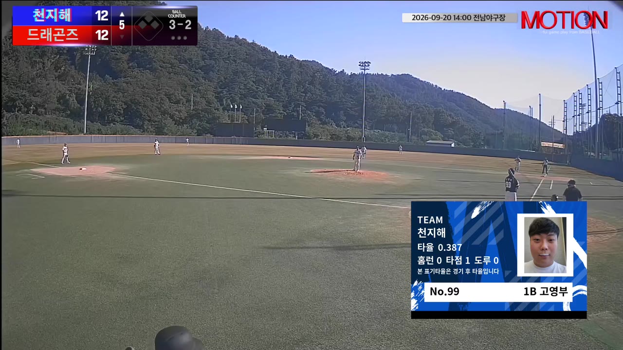 고영부(99번, 천지해) 볼넷 클립 | vs 드래곤즈 | 9/20 (전남야구장)