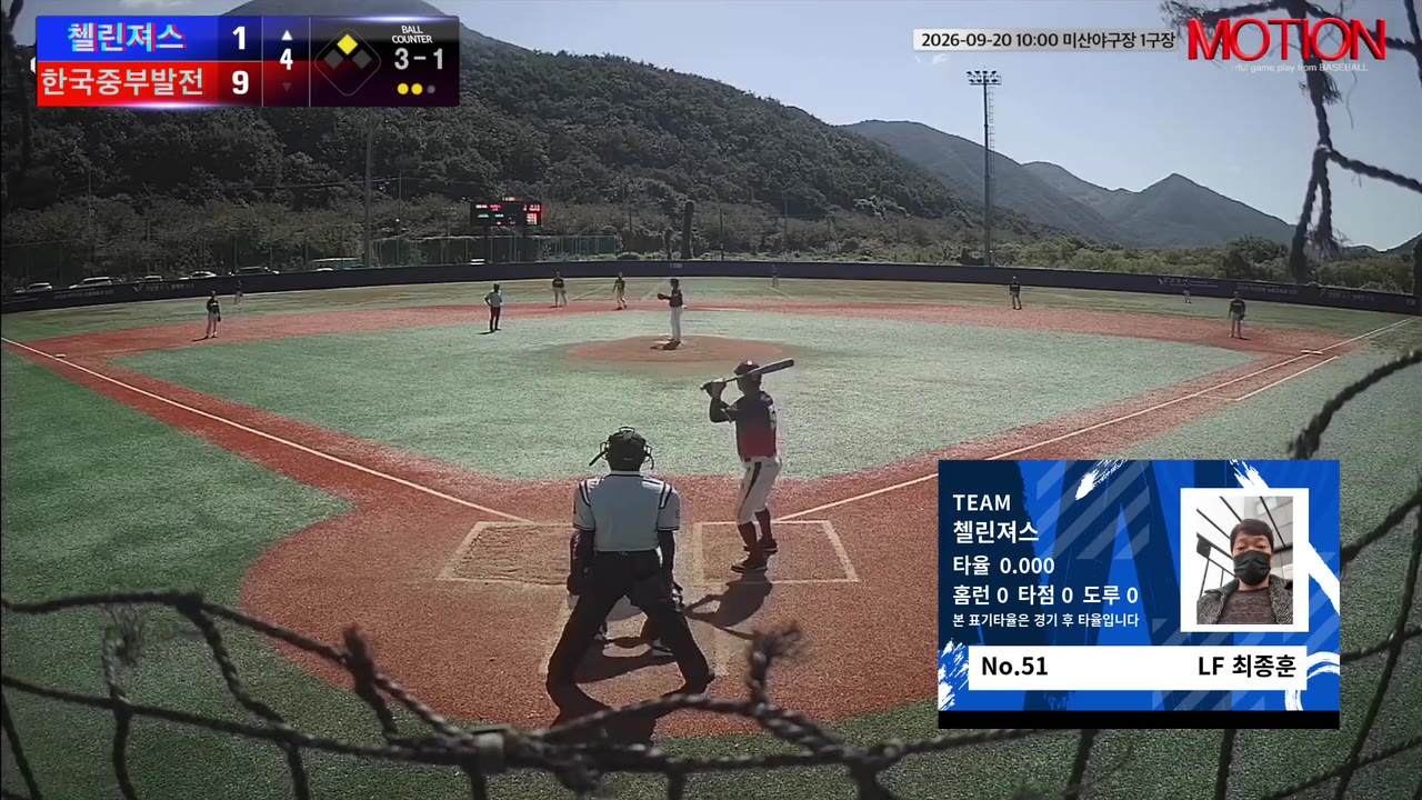 최종훈(51번, 첼린져스) 볼넷 클립 | vs 한국중부발전 | 9/20 (미산야구장 1구장)