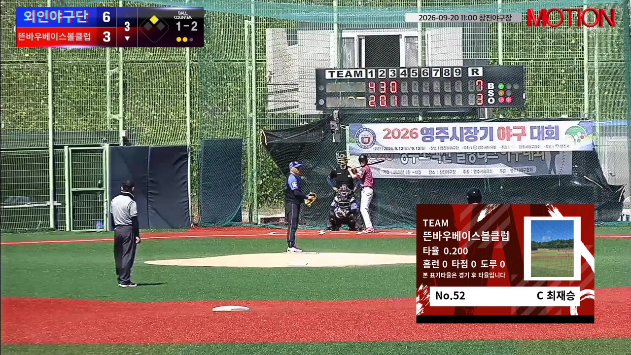 최재승(52번, 뜬바우베이스볼클럽) 사구 클립 | vs 외인야구단 | 9/20 (창진야구장)