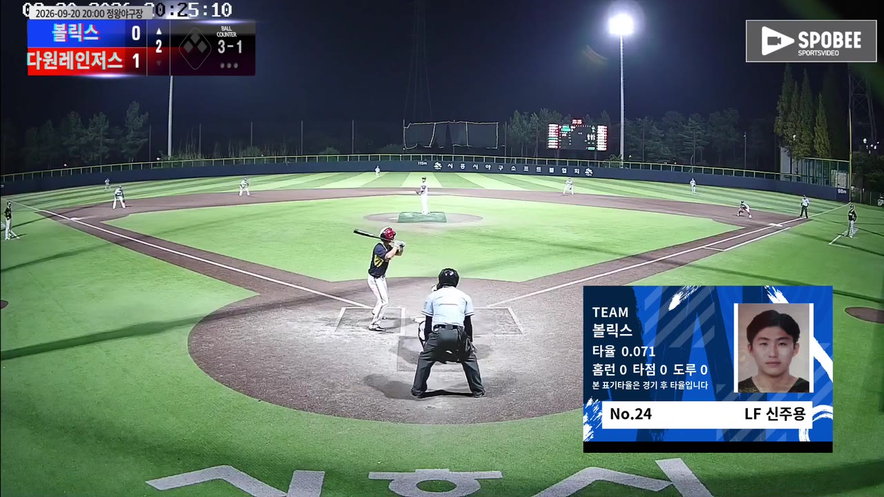 신주용(24번, 볼릭스) 볼넷 클립 | vs 다원레인저스 | 9/20 (정왕야구장)