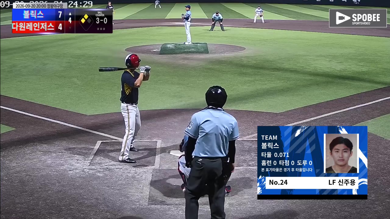 신주용(24번, 볼릭스) 볼넷 클립 | vs 다원레인저스 | 9/20 (정왕야구장)