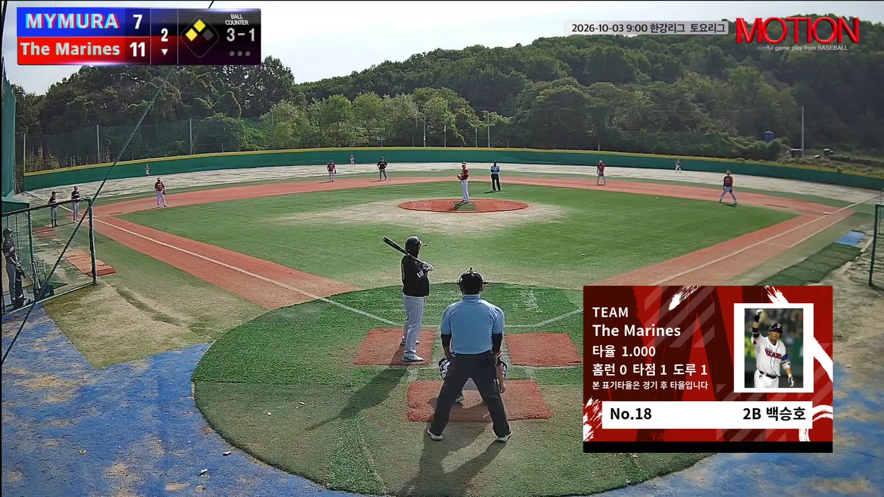 백승호(18번, The Marines) 볼넷 클립 | vs MYMURA | 10/3 (고촌 야구장)