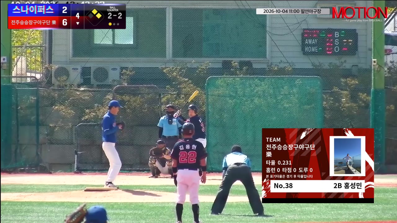 홍성민(38번, 전주승승장구야구단 樂) 사구 클립 | vs 스나이퍼스 | 10/4 (필연야구장)