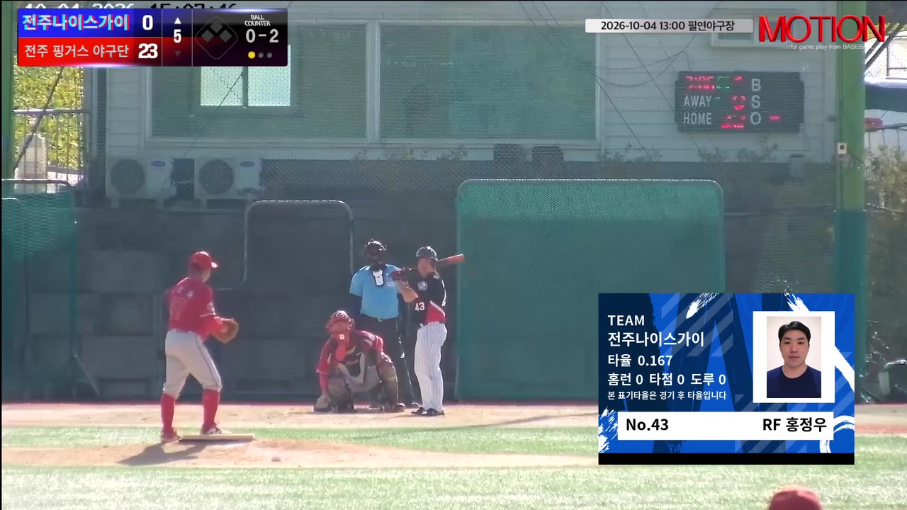 홍정우(43번, 전주나이스가이) 1루타 클립 | vs 전주 핑거스 야구단 | 10/4 (필연야구장)