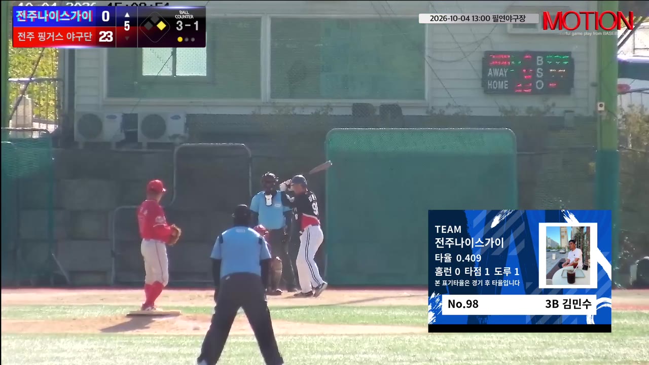 김민수(98번, 전주나이스가이) 볼넷 클립 | vs 전주 핑거스 야구단 | 10/4 (필연야구장)