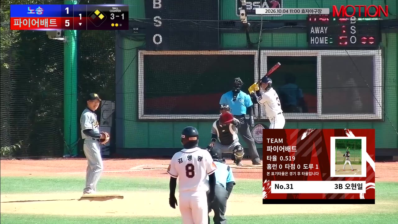 오현일(31번, 파이어배트) 볼넷 클립 | vs 노송 | 10/4 (효자야구장)