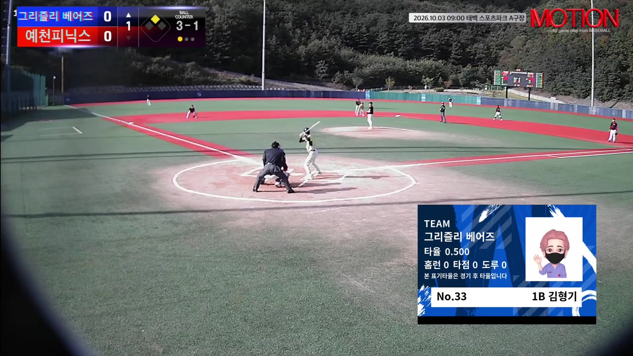 김형기(33번, 그리즐리 베어즈) 1루타 클립 | vs 예천피닉스 | 10/3 (태백 스포츠파크 A구장)