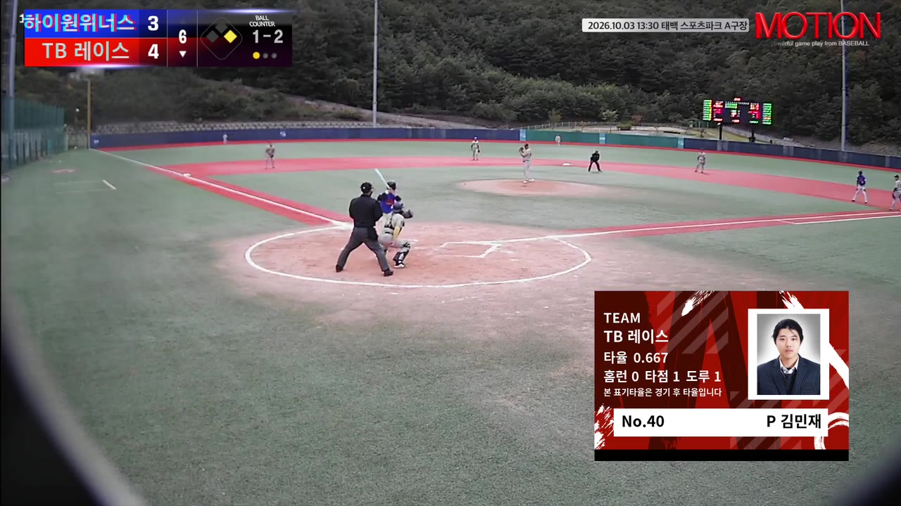 김민재(40번, TB 레이스) 1루타 클립 | vs 하이원위너스 | 10/3 (태백 스포츠파크 A구장)